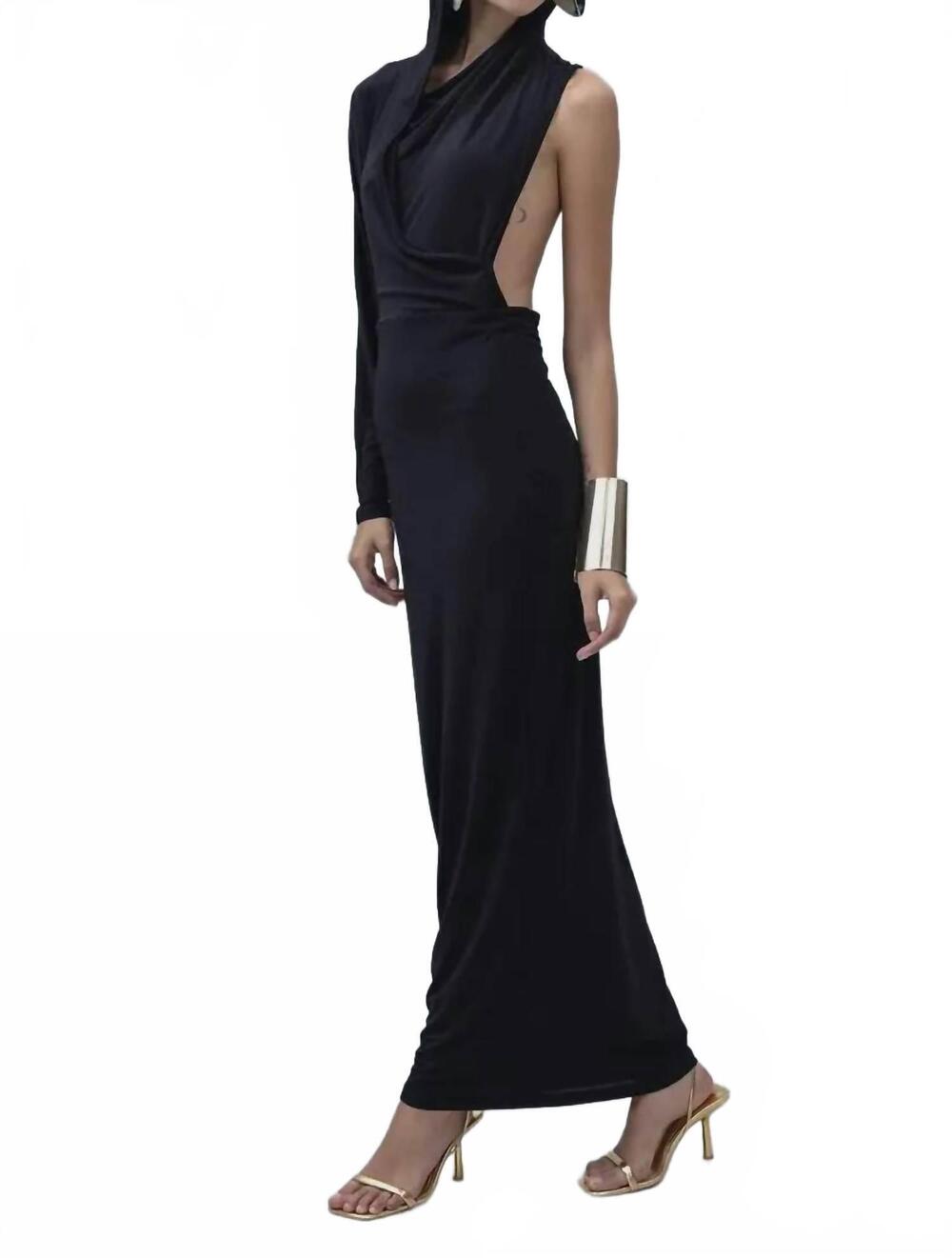 NEW BSL hooded one sleeve open back maxi dress in black